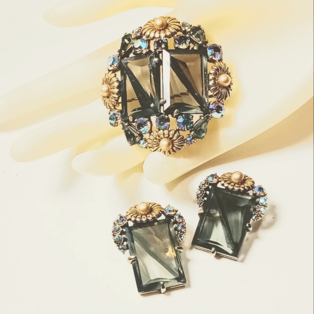 Vintage Schiaparelli Smokey Brooch Earring Suite